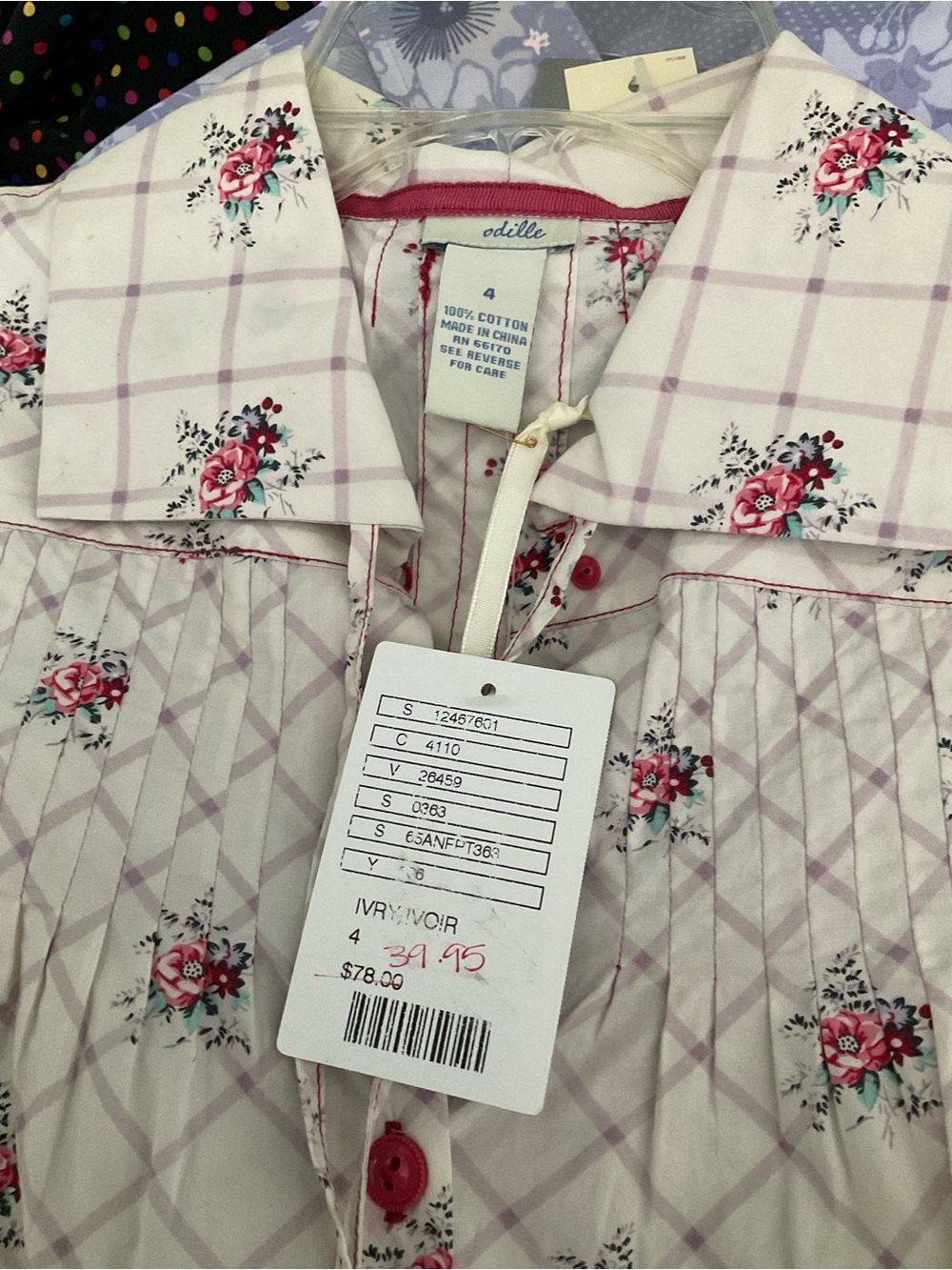 Odille Ivory Dress with Pink Rose Floral and Lavender Plaid